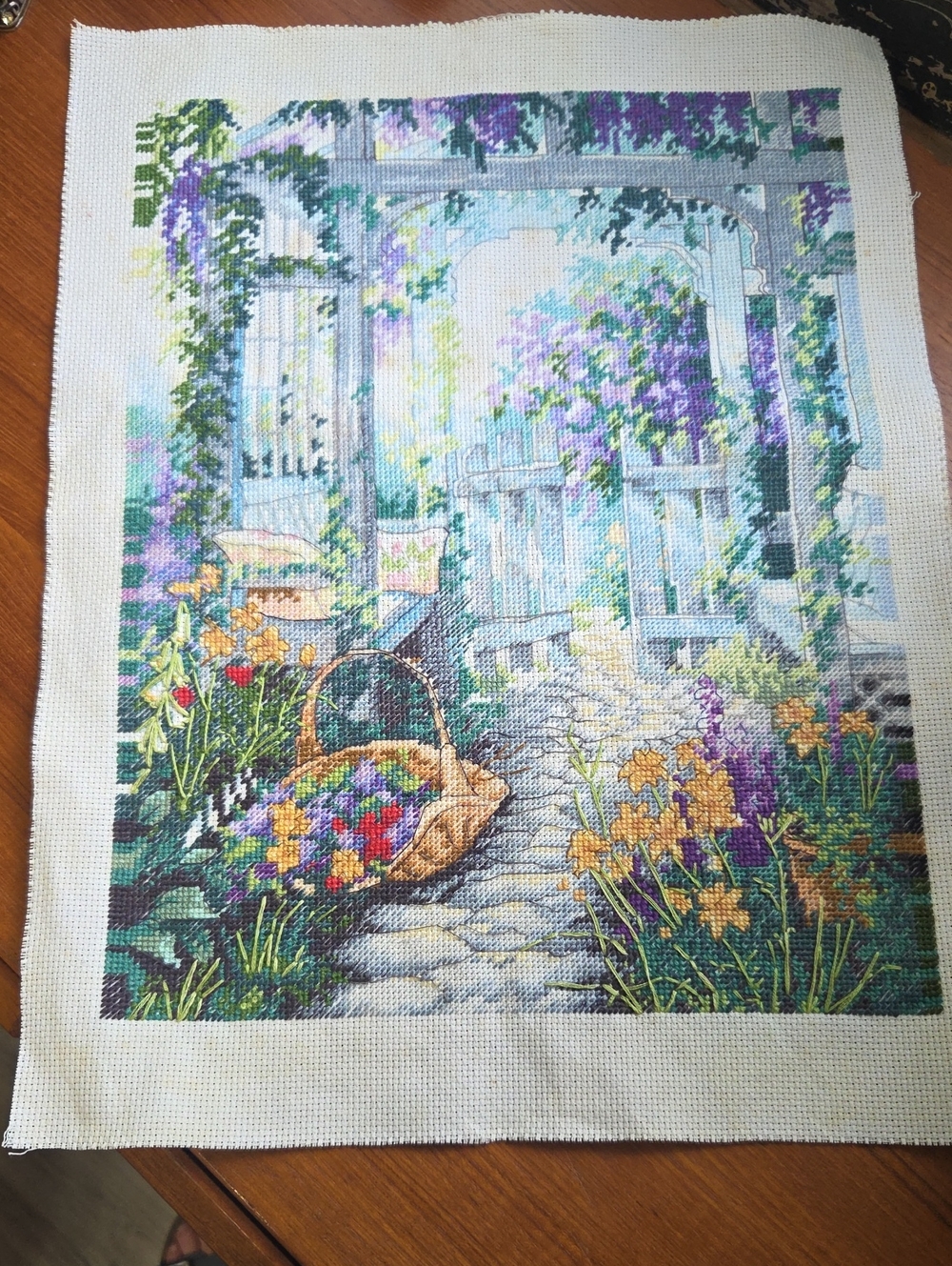 Hand-Embroidered Garden Scene Wall Art - Purple, Green, Yellow